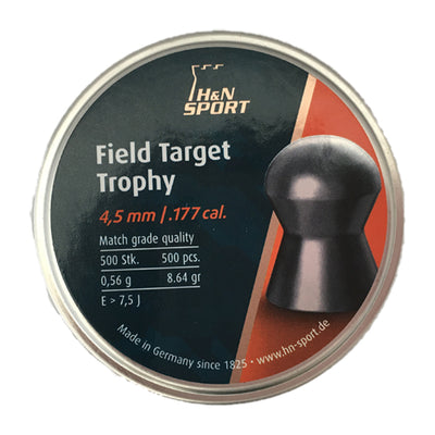 H&N Field Target Trophy .177 caliber pellets by Rothery, shown in a container for air rifle shooting.