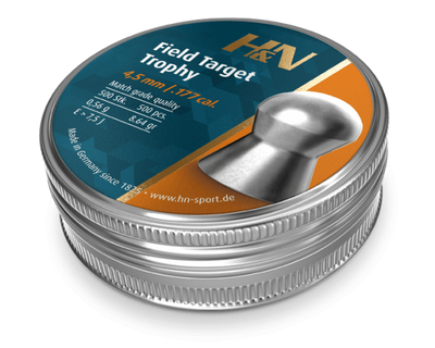 Rothery H&N Field Target Trophy .177 pellets for air rifles, shown in a close-up image with packaging and pellets.