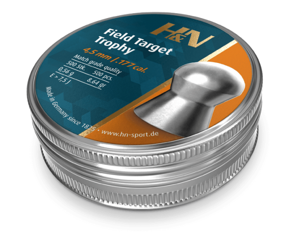 Rothery H&N Field Target Trophy .177 pellets for air rifles, shown in a close-up image with packaging and pellets.