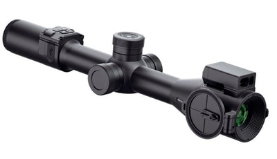 ROTHERY Pard Night Stalker 4K Pro night vision scope with LRF and adjustable eyepiece, mounted on a rifle for nighttime hunting.