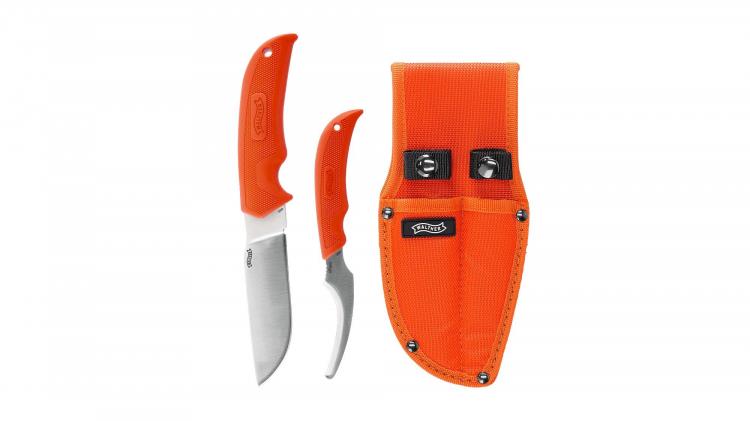 Set of two Walther Hunter deer knives by Rothery, featuring stainless steel blades and wooden handles for outdoor hunting use.