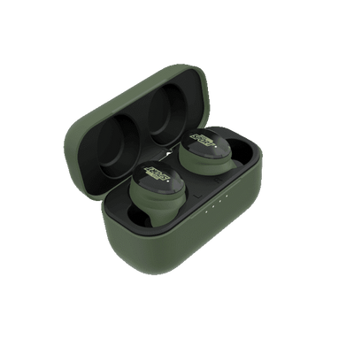 ROTHERY ISOTunes Sport Caliber earbuds in green and orange with over-ear design and flexible ear hooks for active use