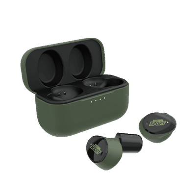 Green and orange ROTHERY ISOTunes Sport Caliber earbuds with in-ear design and secure fit, ideal for active use.