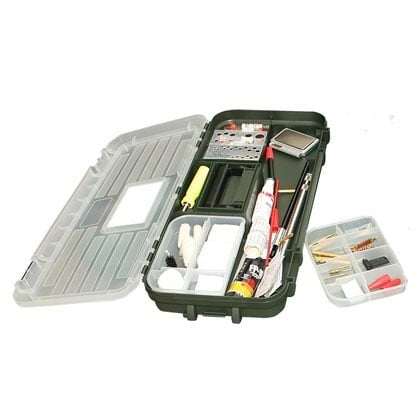 ROTHERY MTM Shooters Range Box with rifle rests, bipods, and tripods for firearm stability and shooting accuracy.