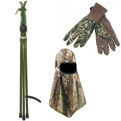 ROTHERY Primos Vital Trigger Stick with adjustable design, shown with included Deerhunter face mask and gloves for outdoor hunting.