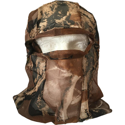 Brown camouflage face veil by Simon, made of lightweight fabric, covering the face with a stylish camo pattern.