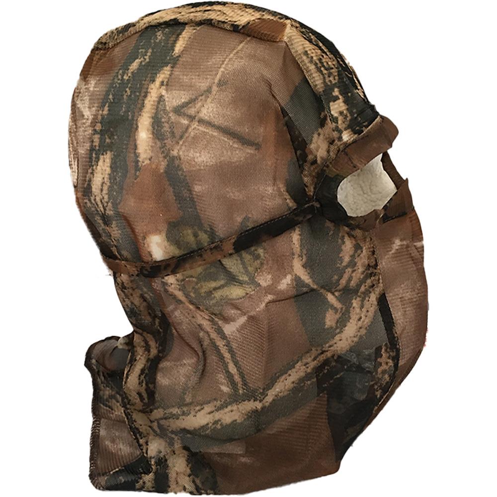 Brown camouflage face veil by Simon, showing a close-up of the fabric with camo pattern and adjustable fit.