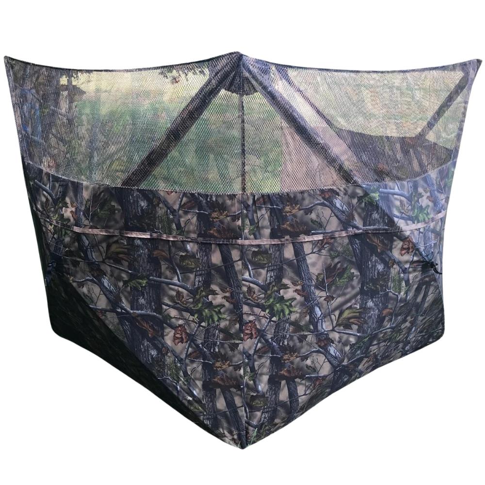 Simon pop-up hunting blind with three-sided stubble and wetland camo, ideal for pigeon shooting and concealment in the field.