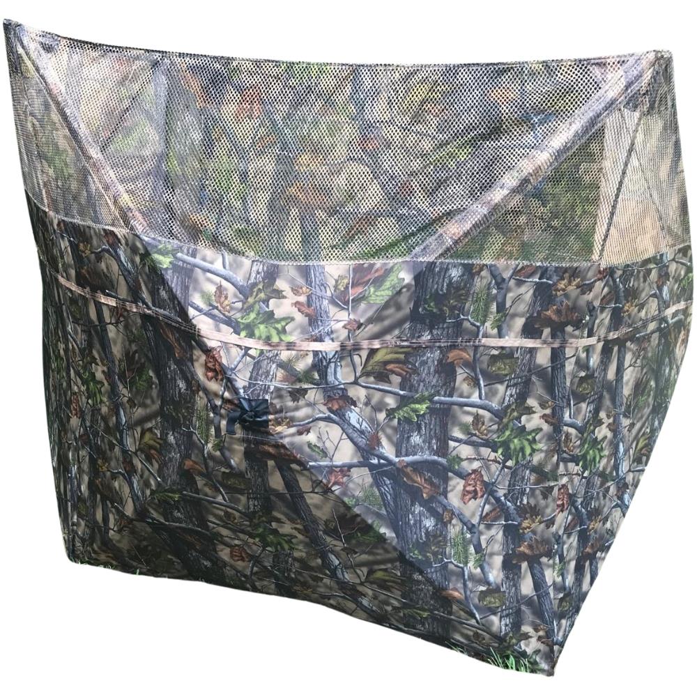Simon pop-up hunting blind with three-sided stubble and wetland camo, designed for pigeon shooting and wildlife concealment.