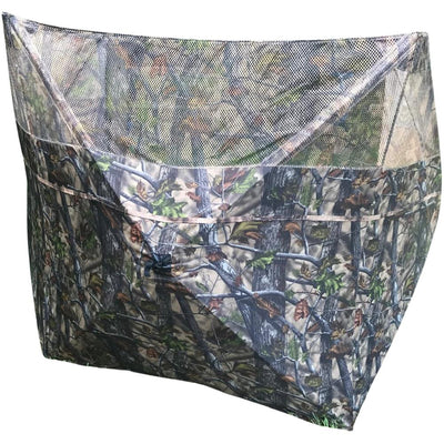 Simon pop-up hunting blind with three-sided stubble and wetland camo, designed for pigeon shooting and wildlife concealment.