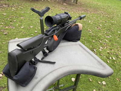 Simon black and brown two-piece rifle rest, unfilled, showing its sturdy construction and adjustable support for accurate shooting.