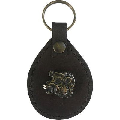 Spjagd leather boar key chain with detailed embossed boar design on a brown leather strap.
