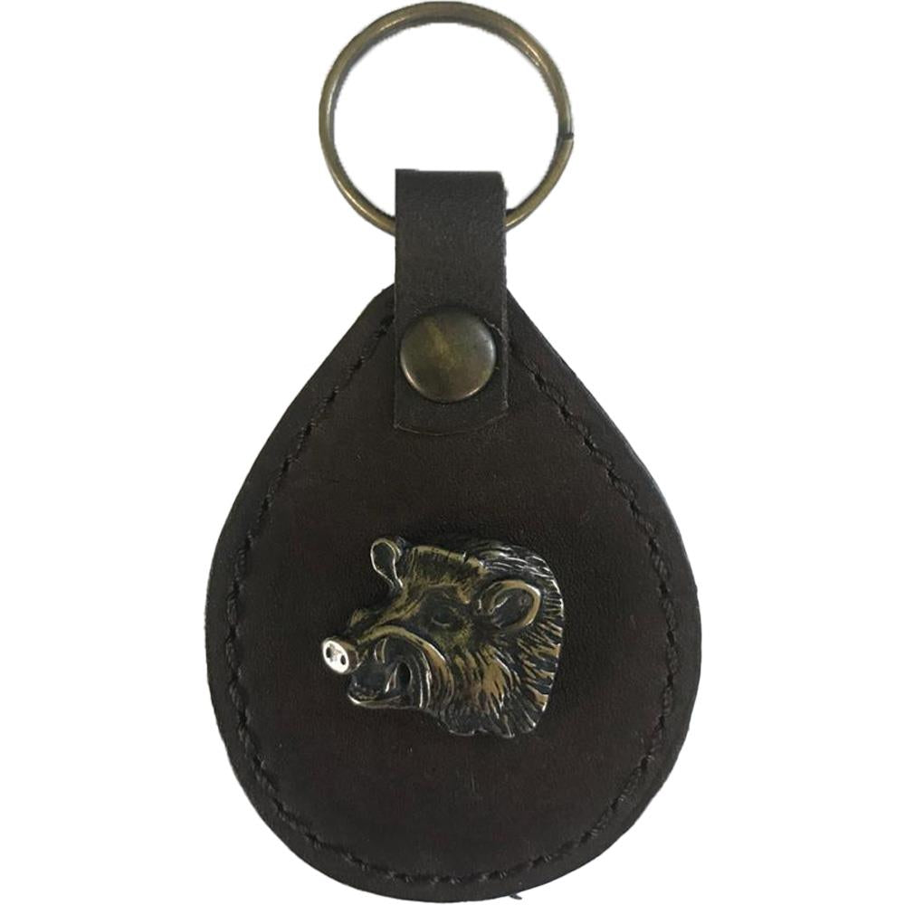 Spjagd leather boar key chain with detailed leather craftsmanship and a metal keyring attachment.