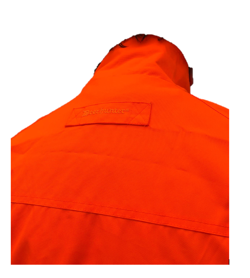 Sportsmans' waterproof Game-Tracker jacket in blaze orange, designed for outdoor hunting and game tracking.