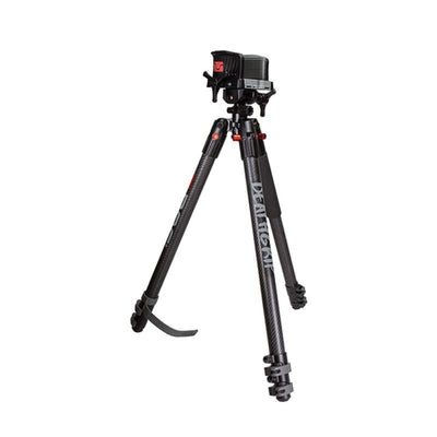 Sportsman BOG Death Grip clamping carbon tripod shooting stick with adjustable legs and pistol grip handle for stability.
