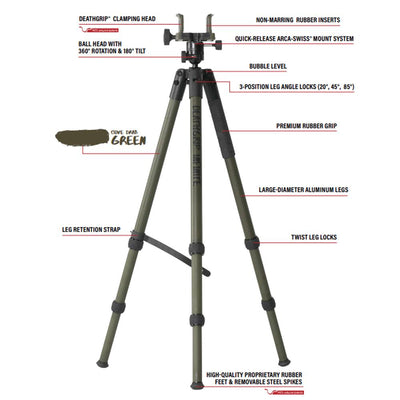 SPORTSMAN BOG DeathGrip Infinite aluminium tripod shooting stick with adjustable legs and grip for stability.