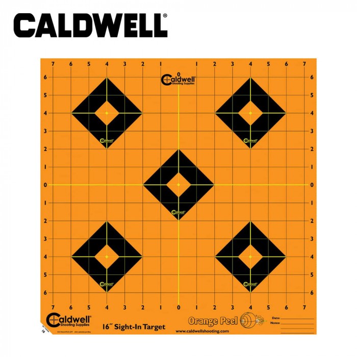 Caldwell Orange Peel Sight-In Target 16-inch with 5 sheets, used for firearm accuracy testing and sight alignment.