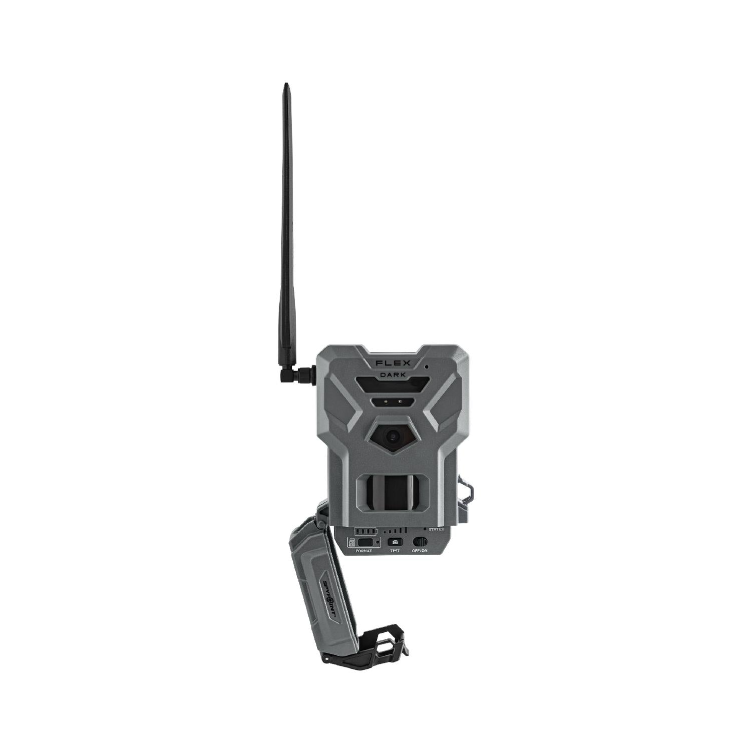 TJACKS accessories for Spypoint FLEX DARK digital trail camera, showing camera with black exterior and mounting options.