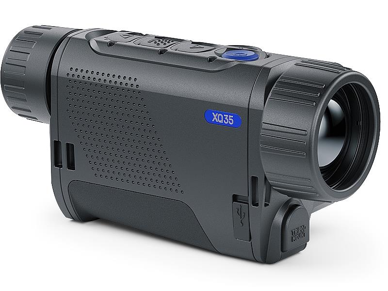 Pulsar Axion 2 LRF XQ35 thermal monocular by TJACKS showing a compact, handheld device with thermal imaging lens and display