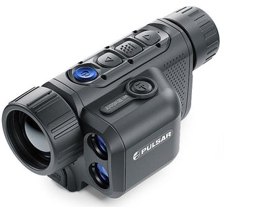 TJACKS Pulsar Axion 2 LRF XQ35 thermal monocular with lens and control buttons visible, used for night vision and thermal imaging.