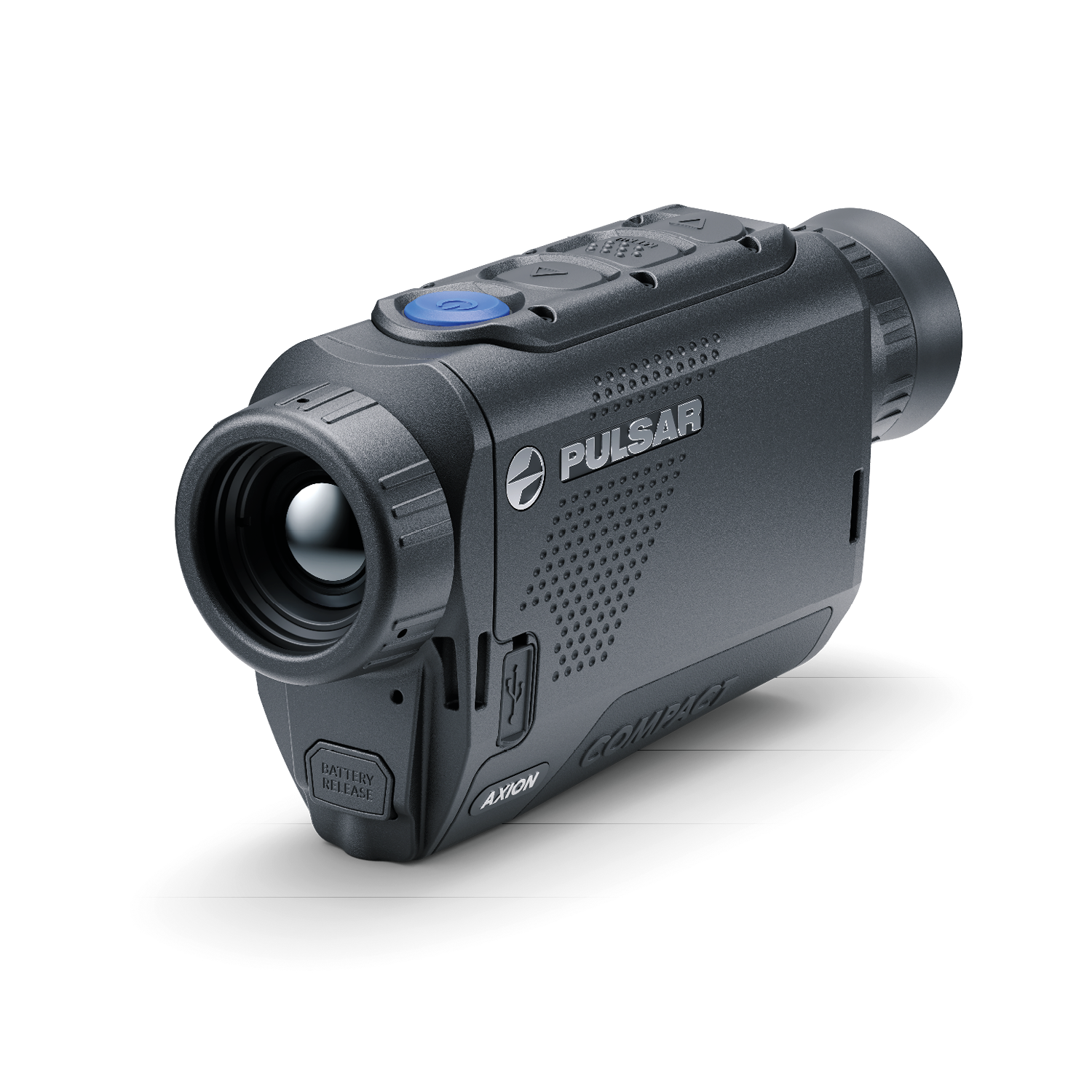 Pulsar Axion Compact XQ30 PRO thermal monocular by TJACKS showing a compact, handheld device with display screen and control buttons.