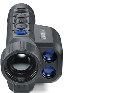 Thermal monocular Pulsar Axion LRF XQ38 by TJACKS showing its compact design and lens with digital display in a natural outdoor setting