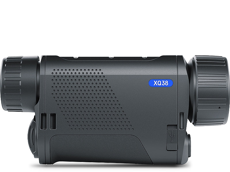 TJACKS Pulsar Axion LRF XQ38 thermal monocular showing a compact device with LCD screen and thermal sensor for night vision.