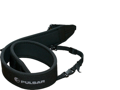 TJACKS Pulsar neck strap shown in black with adjustable length and padded design for comfortable wear.