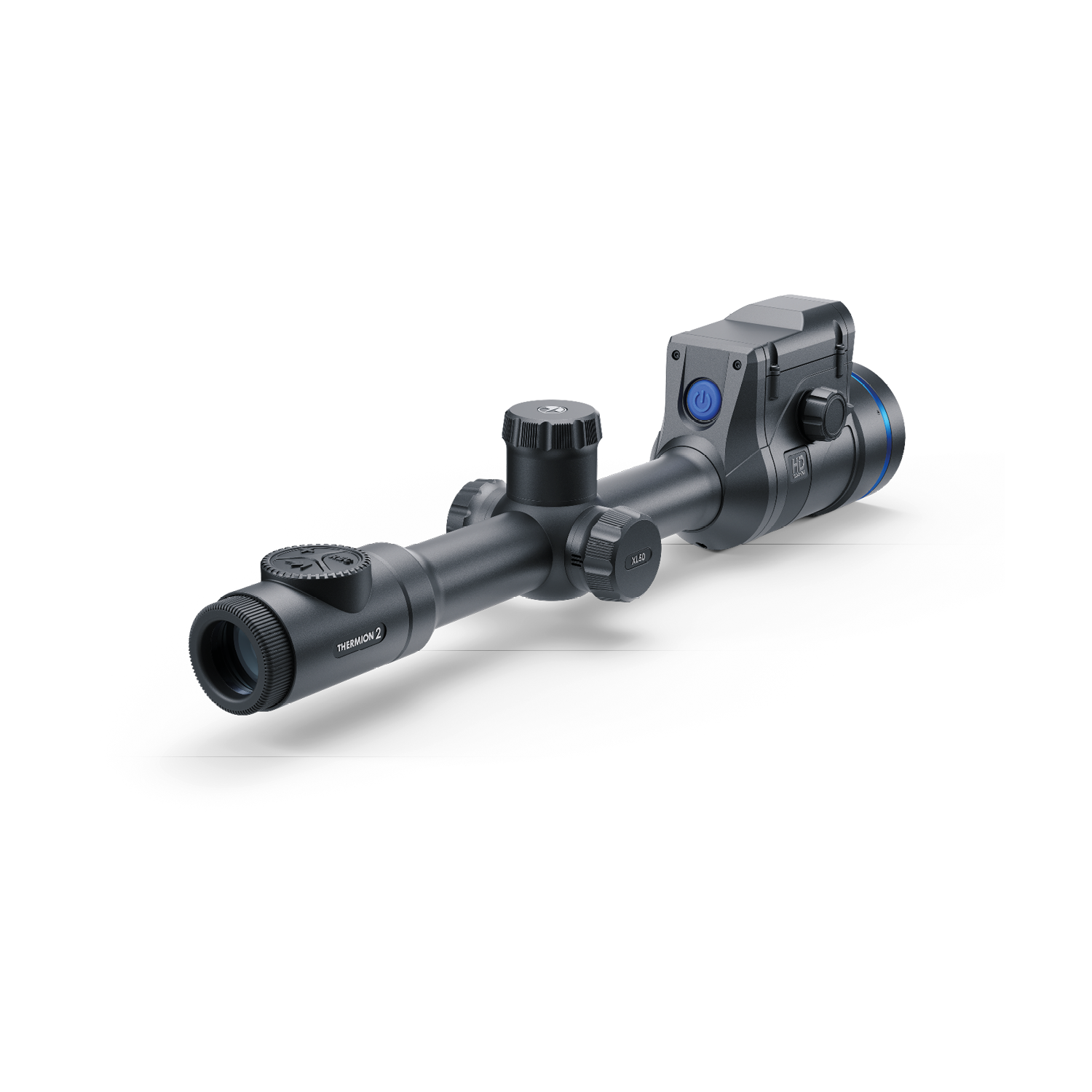 Thermion 2 LRF XL50 thermal rifle scope by TJACKS, showcasing the device with its lens and control panel for hunting and shooting.