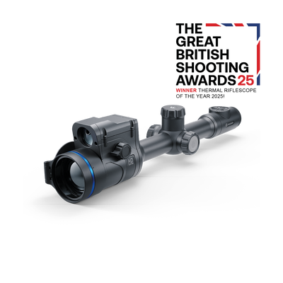 Thermion 2 LRF XL50 thermal rifle scope by TJACKS, showing the scope with adjustable reticle and thermal imaging lens.
