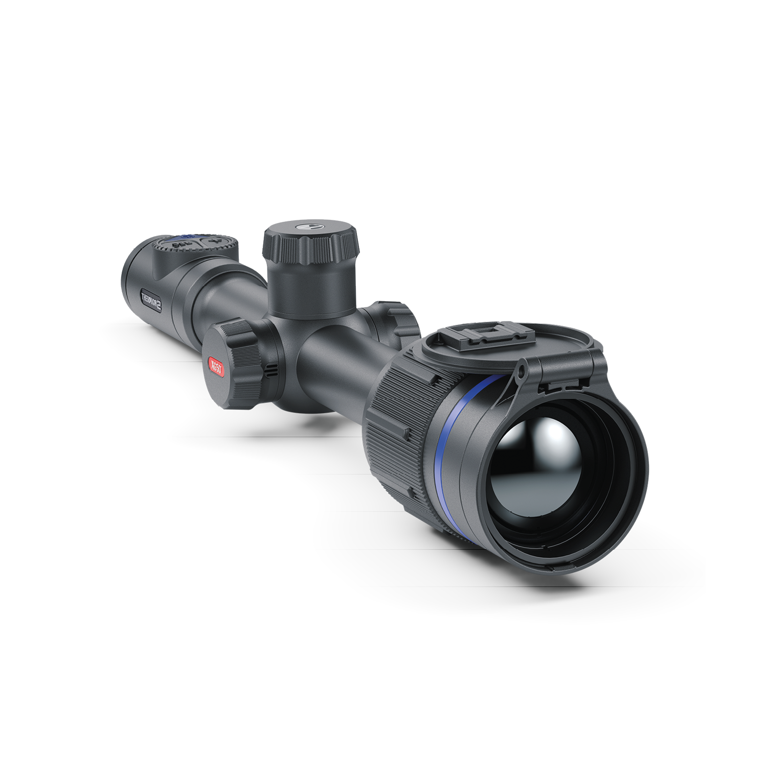 TJACKS Pulsar Thermion 2 XG50 thermal rifle scope mounted on a rifle, showing thermal imaging display for nighttime hunting.
