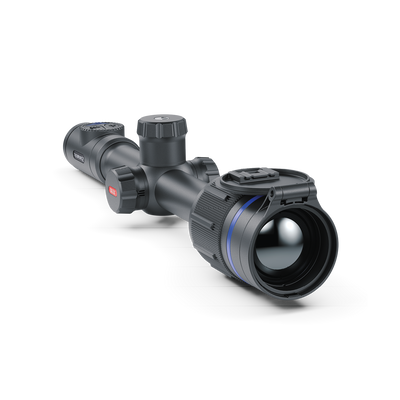 TJACKS Pulsar Thermion 2 XG50 thermal rifle scope mounted on a rifle, showing thermal imaging display for nighttime hunting.