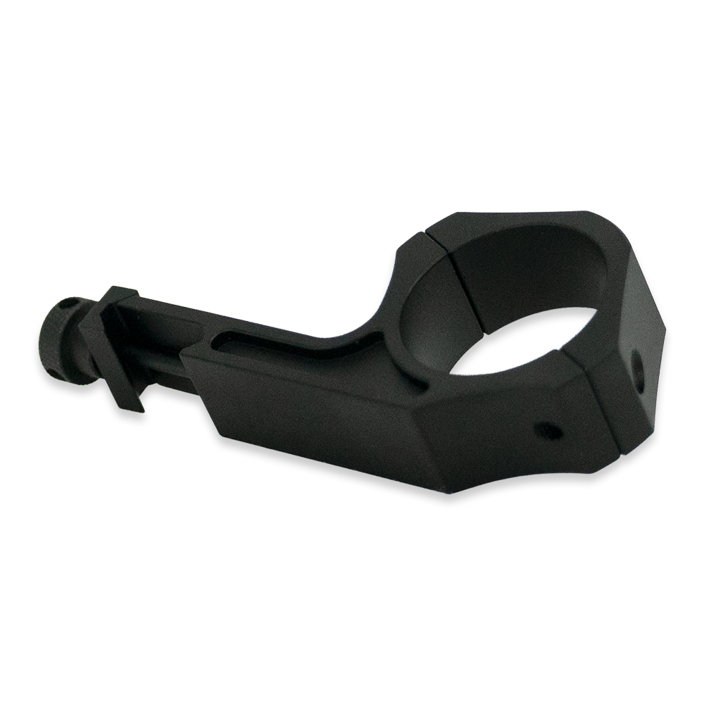 Tjack’s Tactacam Under Scope Rail Mount attached to a firearm scope for secure camera mounting during hunting or shooting activities.