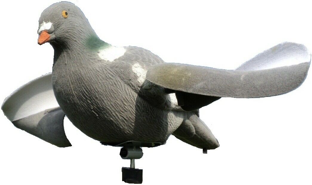 WINDY Air Pro Pigeon Decoy with spinning wings, flocked finish, designed for magnets and bouncers, realistic motion for bird hunting.