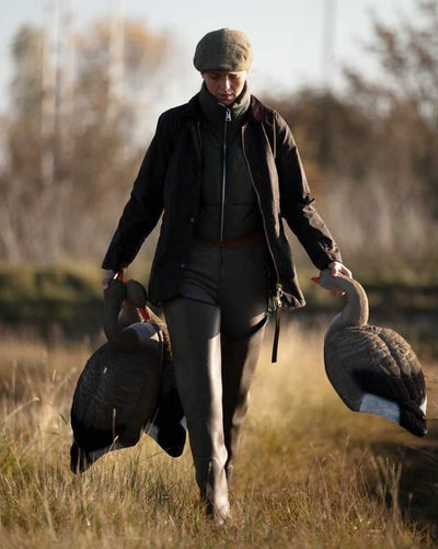 Life-size WINDY flocked Greylag and Pinkfoot Goose decoy shell, stackable for waterfowl hunting or decor.