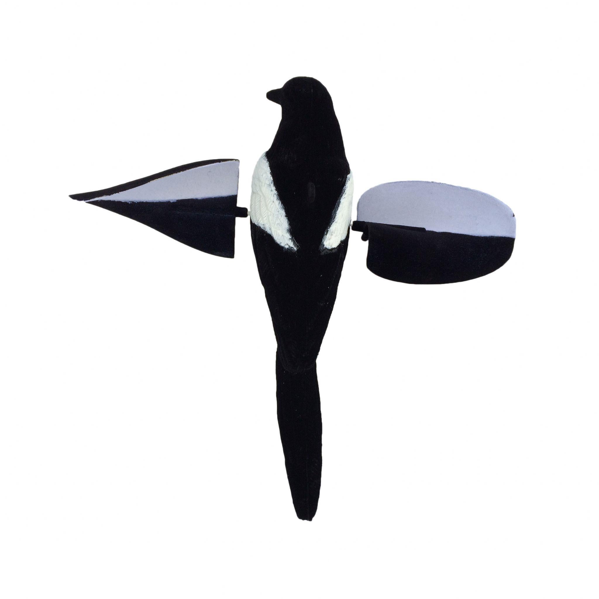 Flocked Magpie Airpro Decoy with spinning wings by WINDY, realistic bird decoy for outdoor pest control.