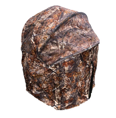 Two-man Windy pop-up hide tent set up outdoors, lightweight camouflage camping shelter with open front view.