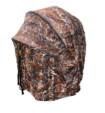 Two-man pop-up hide tent by WINDY shown set up outdoors, featuring a lightweight, portable camouflage tent suitable for camping or hunting.