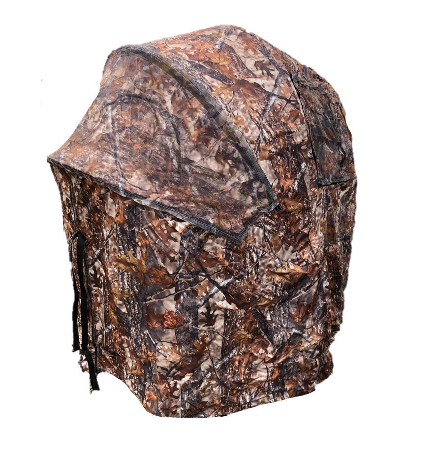 Two-man pop-up hide tent by WINDY shown set up outdoors, featuring a lightweight, portable camouflage tent suitable for camping or hunting.