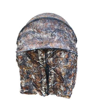 Two-man Windy pop-up hide tent set up outdoors, featuring a lightweight, portable camouflage shelter for hunting or camping.