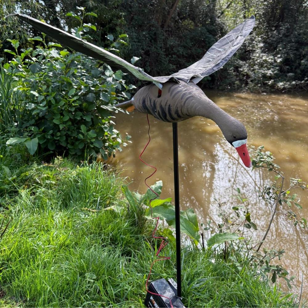 Windy Flapping Greylag Goose Decoy for hunting and wildlife decor, realistic goose decoy with moving wings for effective bird deterrence.