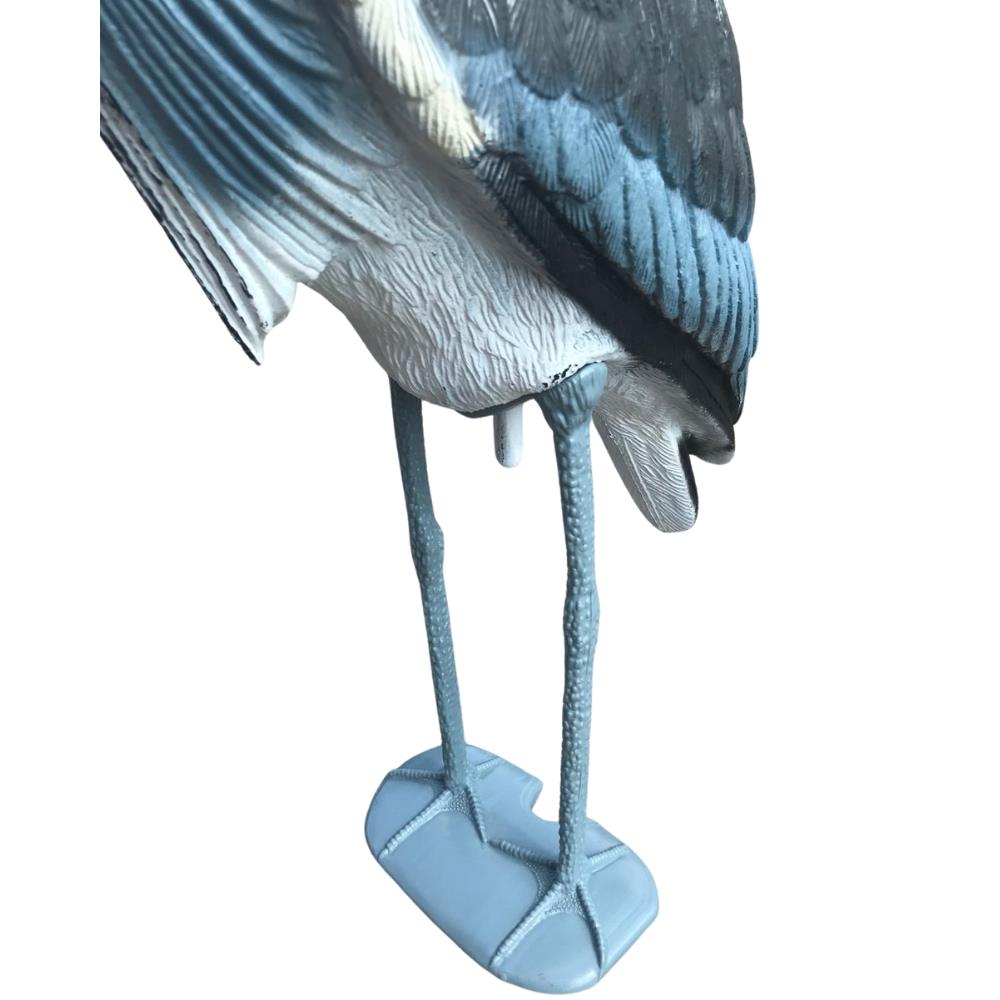 Windy heron decoy garden ornament used as a predator deterrent, realistic bird decoy for wildlife prevention in outdoor spaces.