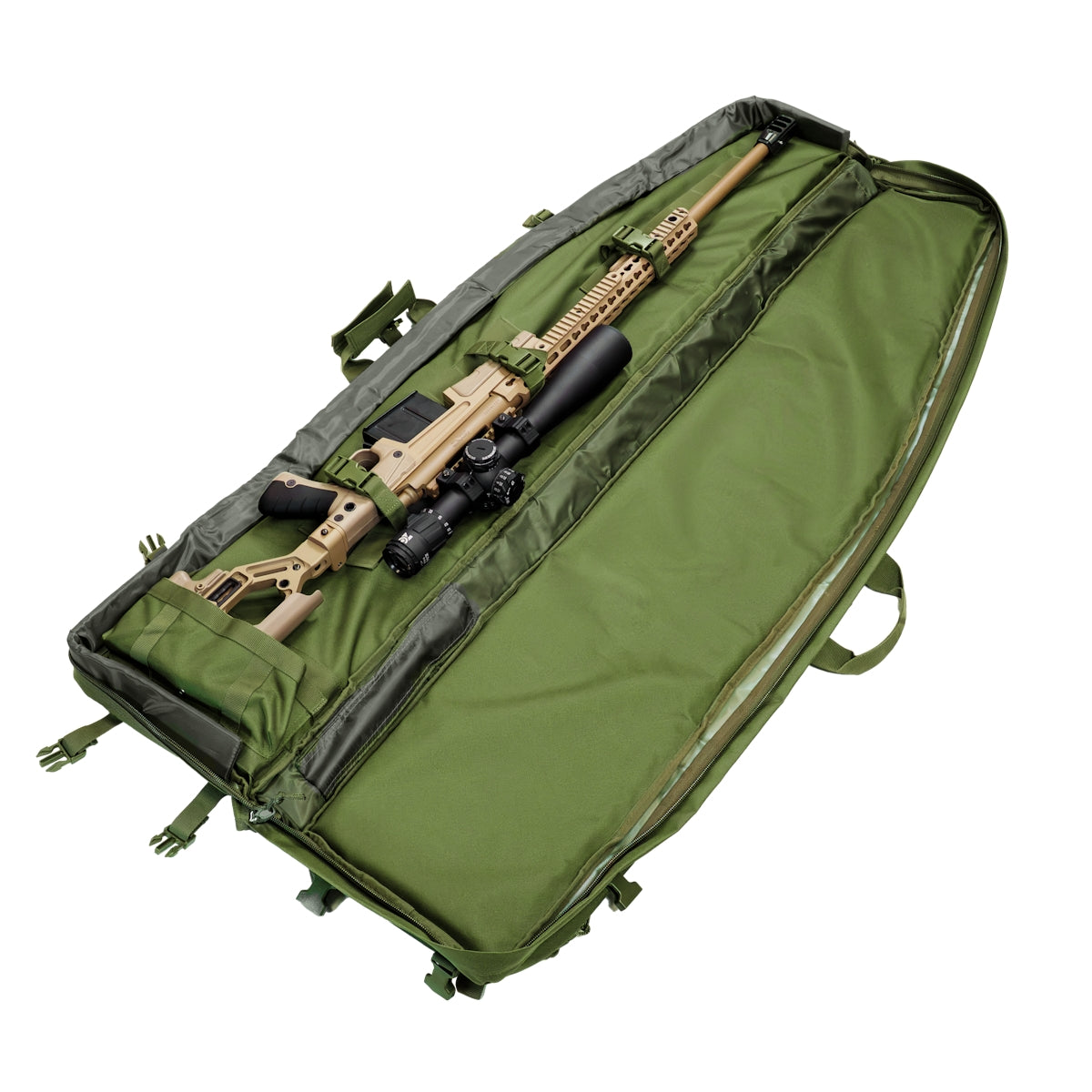 ELITE WULF Guardian tactical rifle drag bag in green, 52-inch design with durable carry handles and straps