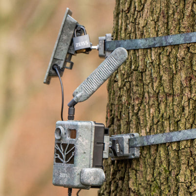 ZEISS Vari-Mount trail camera and solar panel mount accessory for secure outdoor camera setup.
